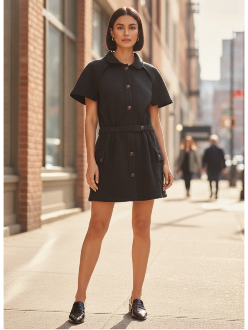 Lucca Black Capelet Mini Dress Button Front Utility Retro Mod Size L SJ5022